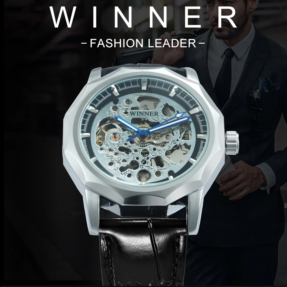 WINNER Classic Business Irregular Skeleton Mechanical Watches Luminous Hands Steel Leather Strap Luxury Automatic Men Watch 2024