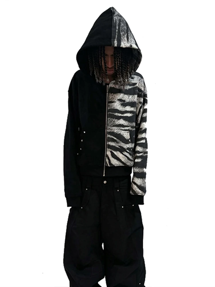 Retro Zipper Hoodie Color Block Stripe Print Long Sleeve Unisex Street Jacket Winter Sports Shirt for Men And Women