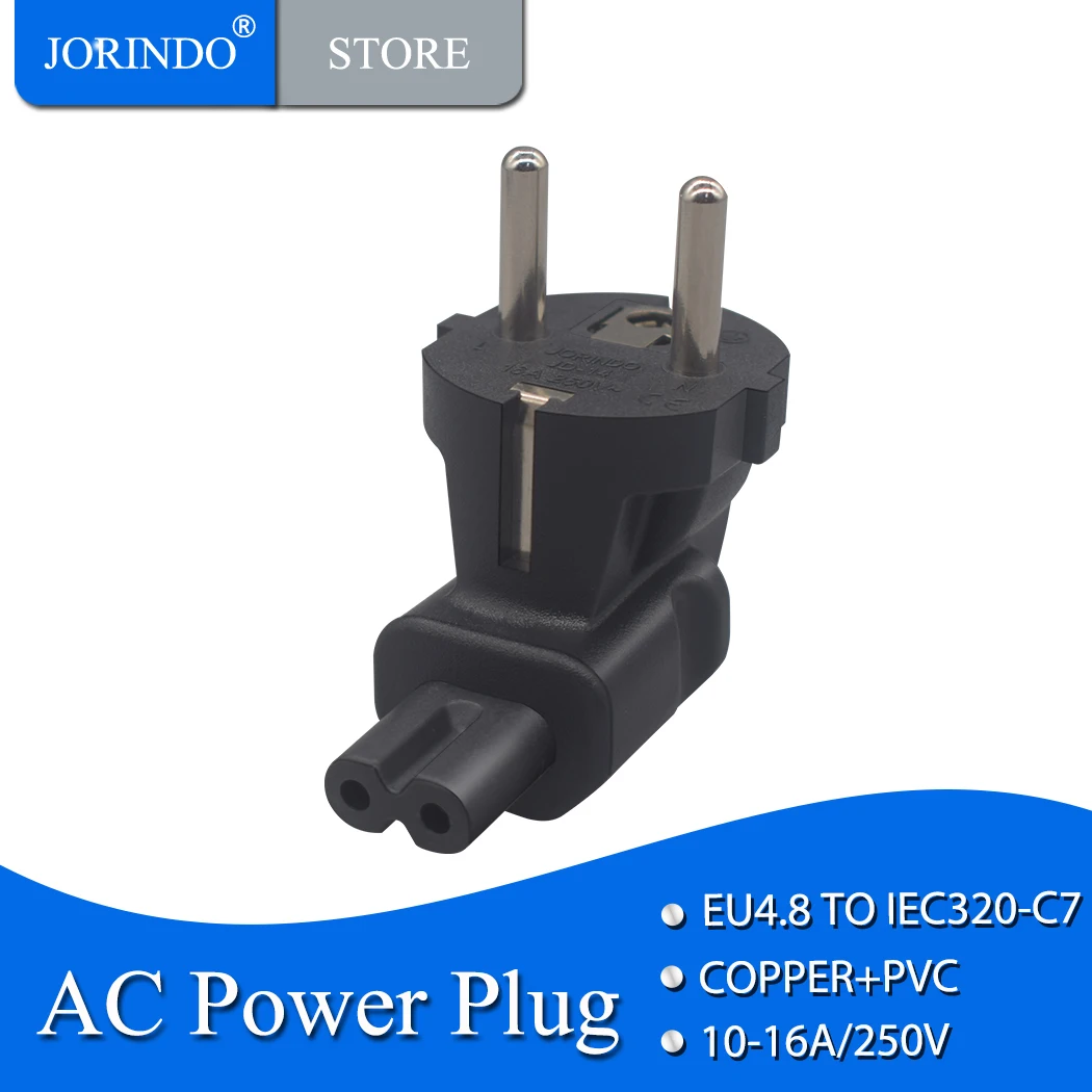 JORINDO EU to IEC320 C7 power outlet adapter, 90 degree angle German standard plug AC power converter