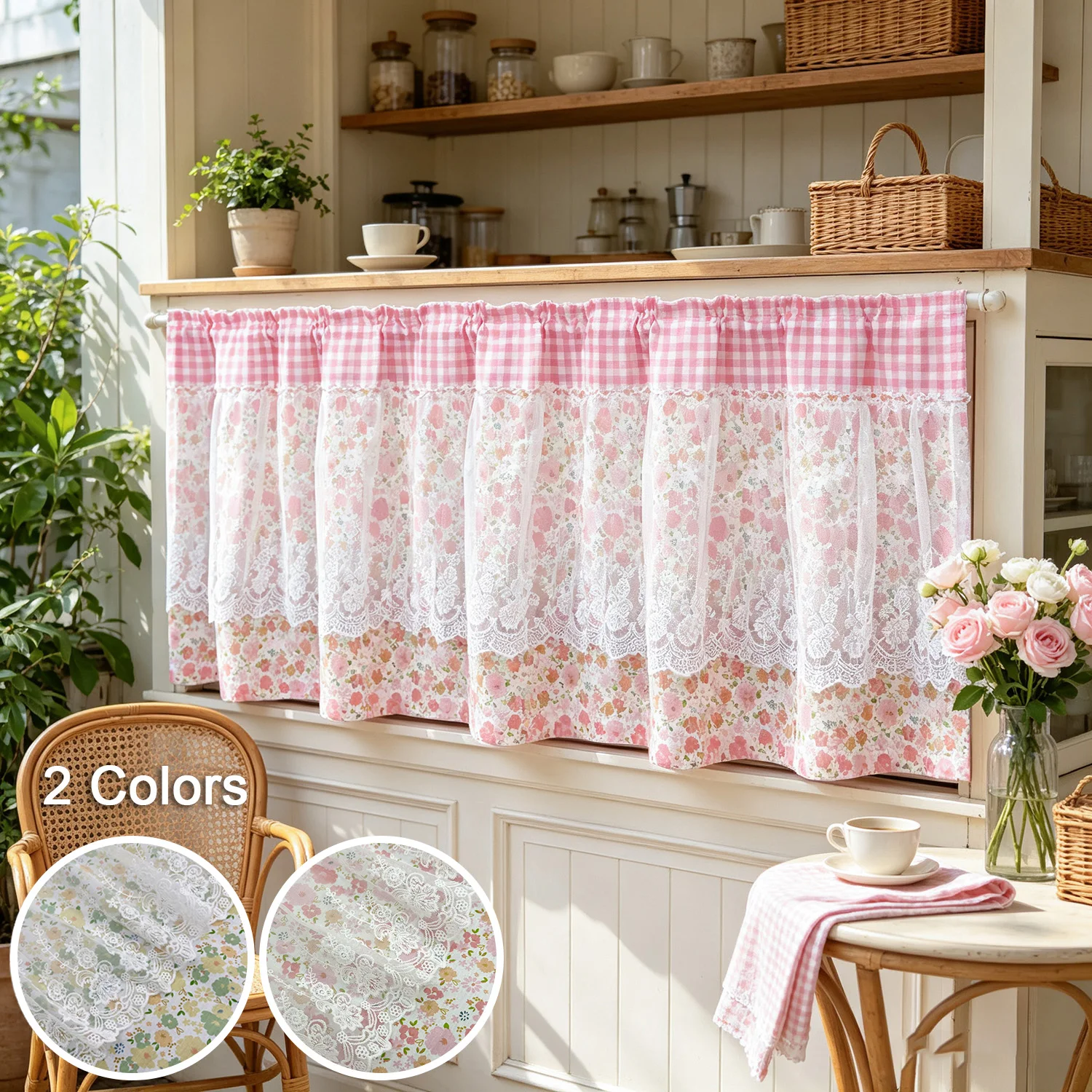 Vintage Lace Embroidered Floral Tiers Curtains, Rod Pocket Cafe Curtains for Window, Farmhouse Kitchen Home Decor