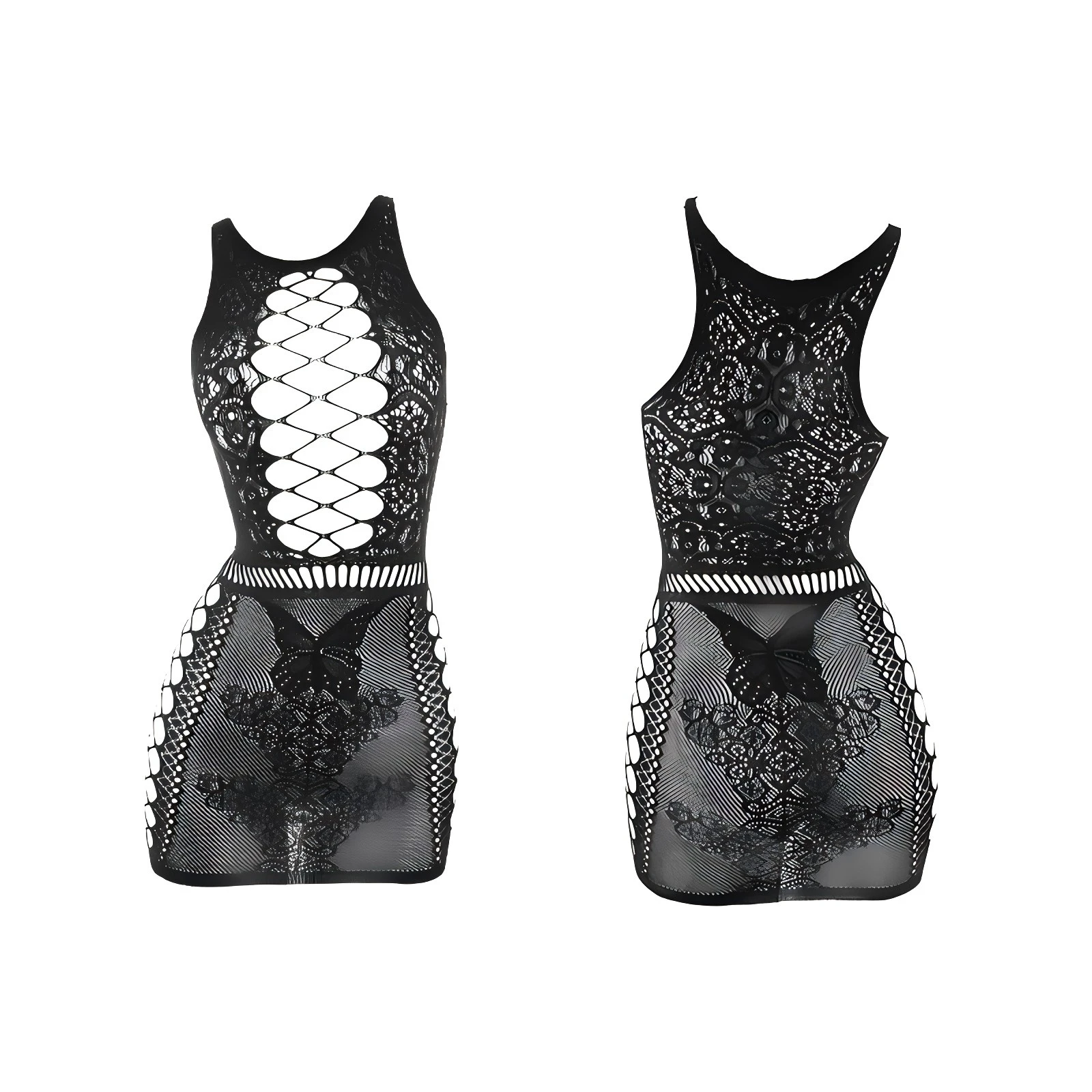 Open chest hollow out fishnet dress with gloves round neck sheer cover up women's swimwear party nightclub sexy lingerie