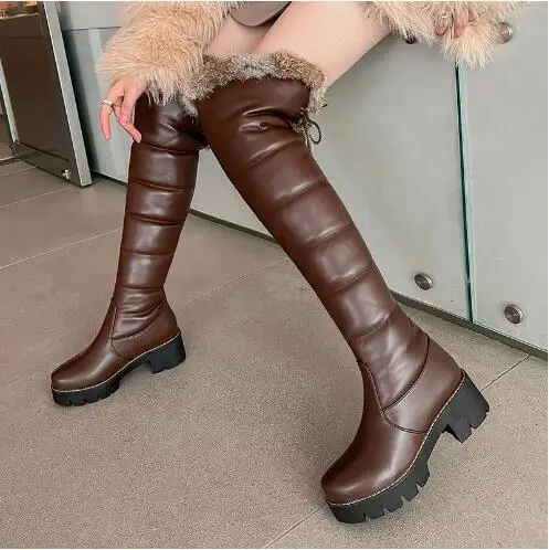 

Drop Shipping Winter Girls Brown Black Solid Leather Round Toe Platform Thick Sole Chunky Heels Over The Knee Snow Boots Shoes