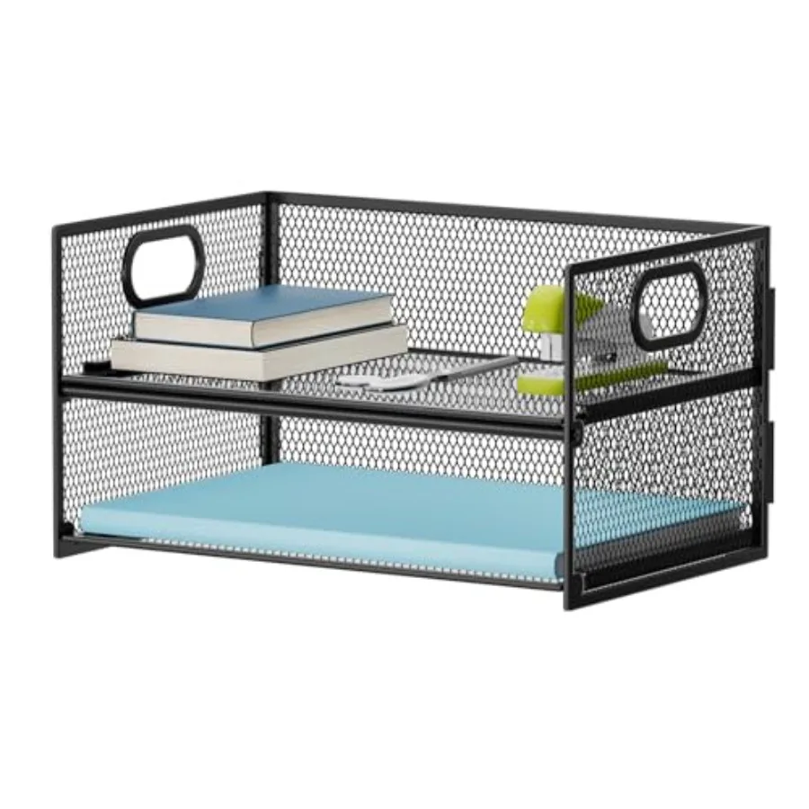 2 Tier Paper Organizer Letter Tray, Mesh File Organizer with Handle, Paper Sorter Desk Organizer for Home Office Supplies