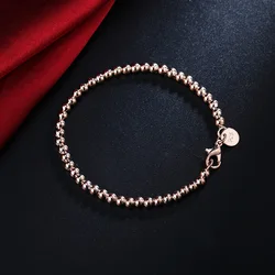 Hot 925 sterling Silver plated 18K rose gold color 4MM beads Chain Bracelets for Women Fashion Party wedding Gifts fine Jewelry