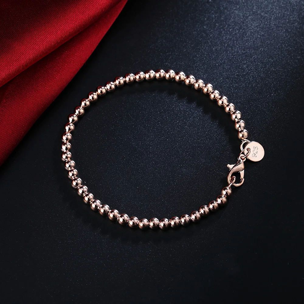 Hot 925 sterling Silver plated 18K rose gold color 4MM beads Chain Bransoletki dla kobiet Moda Impreza prezenty ślubne piękna biżuteria