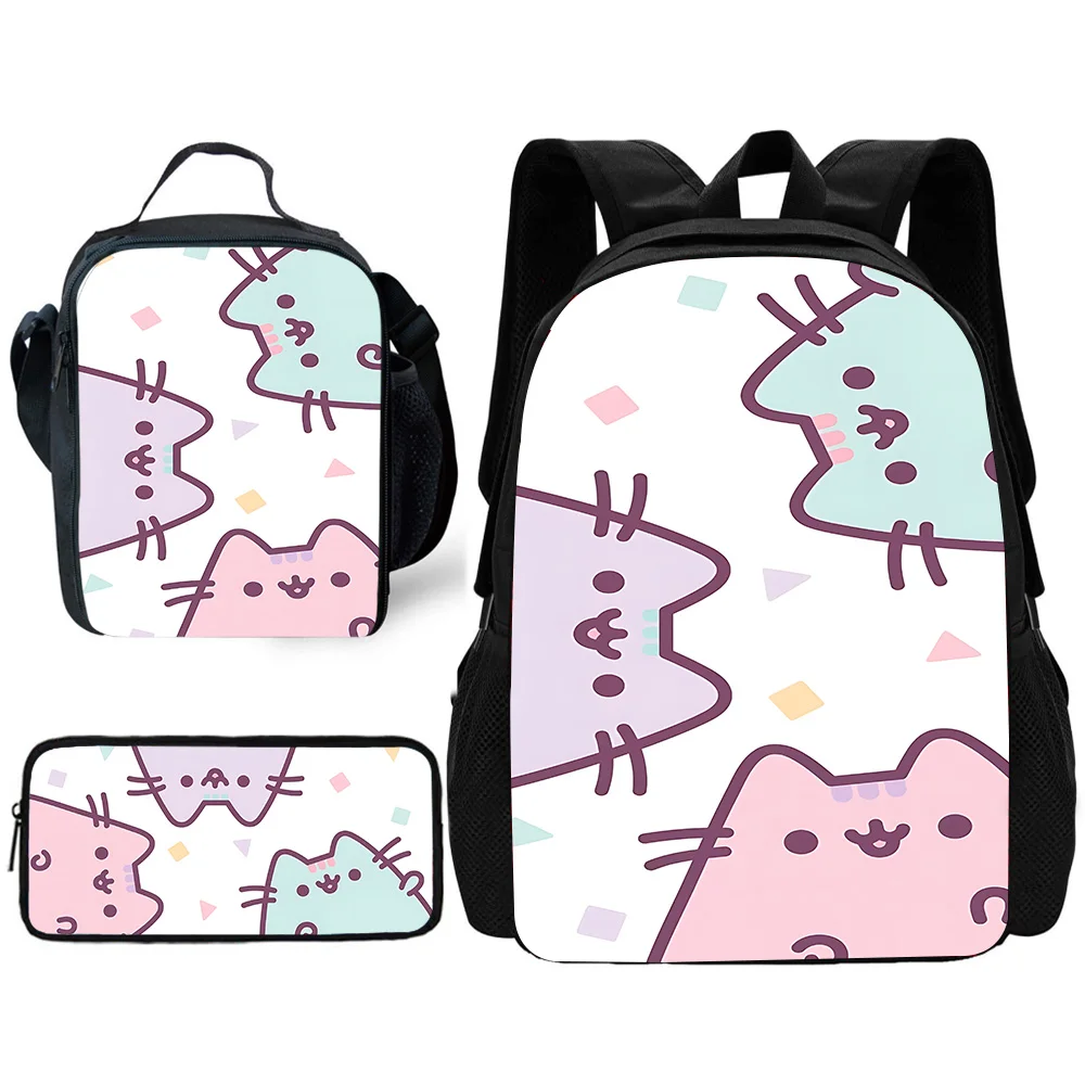 Anime Pusheens Cats Mochila Escolar, Lunch Bags, Lápis Bags, Meninos e meninas, Melhor Presente, Bonito, 3 Pcs Set