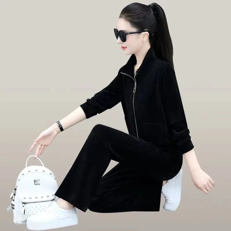 Women's New Comfortable and Fashionable Age-reducing Cardigan Wide-leg Pants Wavy Velvet Sports Casual Suit