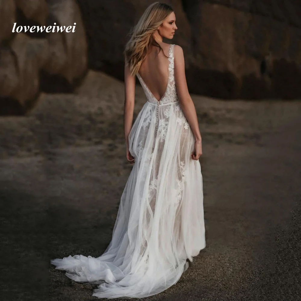 Boho profundo decote em v personalizado uma linha vestido de casamento apliques ilusão vestidos de noiva tanque praia tule novos vestidos de novia