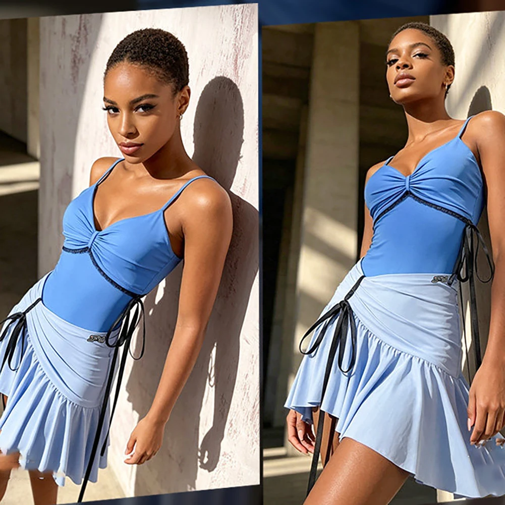 Women's Sexy V-Neck Spaghetti Strap Sleeveless Latin Dance Dress Slim Yellow Blue Ruched Drawstring Samba Practice Dance Costume