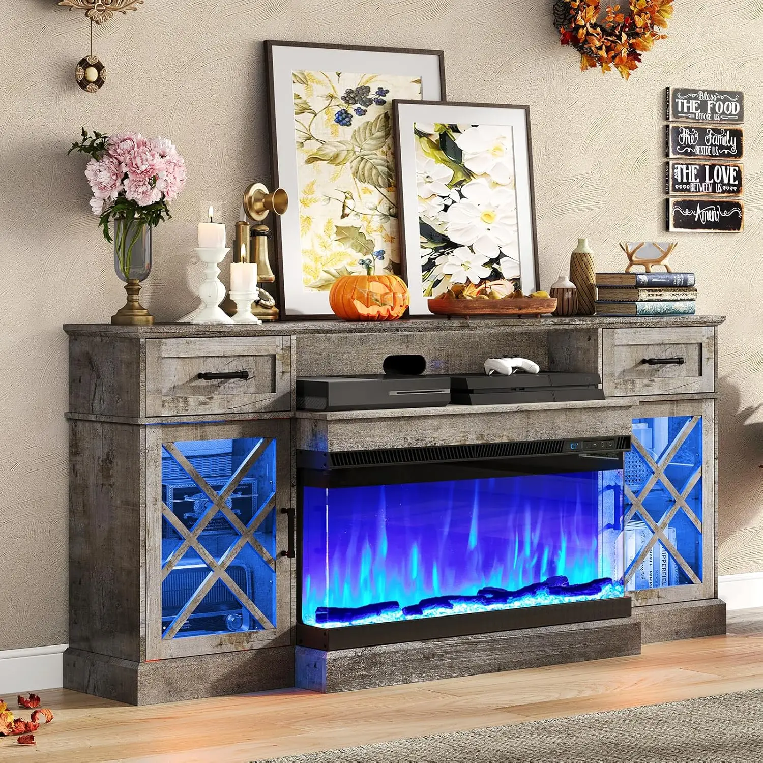 

AMERLIFE Farmhouse LED Fireplace TV Stand with 3-Sided Glass Fireplace, 70" Large Entertainment Center for TVs up to 80", Rustic