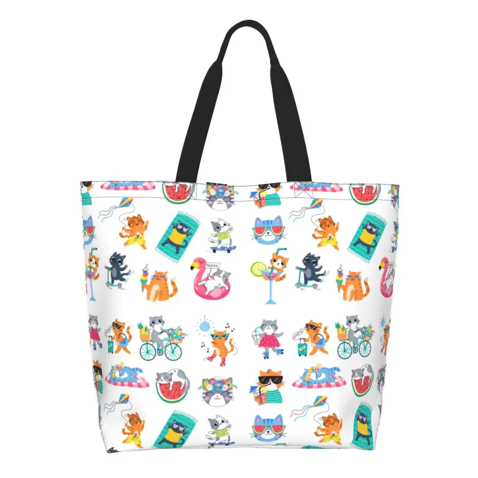 

Hello Summer Cat Print Tote Bag For Women, Foldable Tote Bag Large Shoulder Bags Top Handle Handbag For Travel, Work