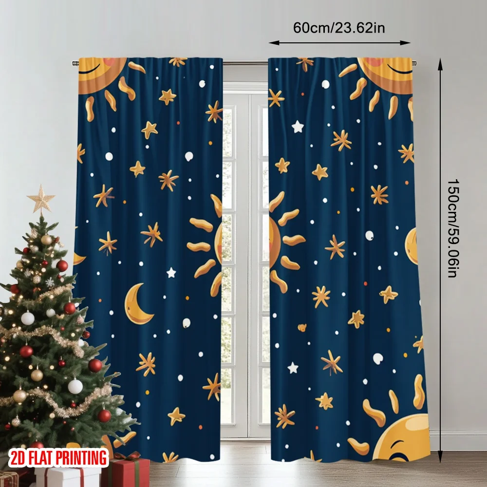 2pcs 2D flat printing Window Curtains Celestial Sun Moon Stars Digital Printed Polyester Drapes Festive Holiday Use for All