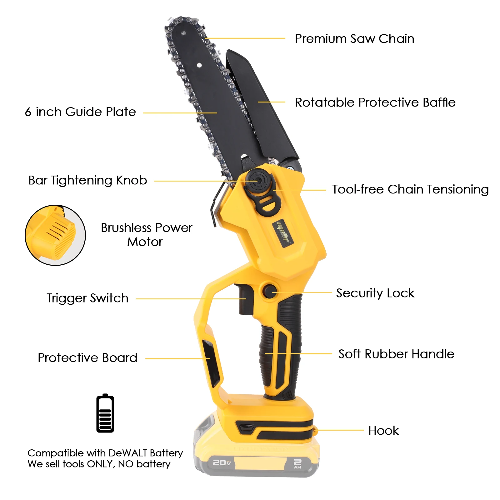 6 Inch Cordless Chainsaw For Dewalt 18V 20V MAX Battery Mini Electric ChainSaw Variable Speed Woodworking Garden Logging Tool