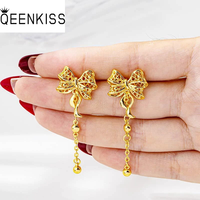 

QEENKISS 24KT Gold Bowknot Tassel Stud Earrings For Women Wedding Party Birthday Christmas Bride Mother Girl Ladies Gifts EG5521