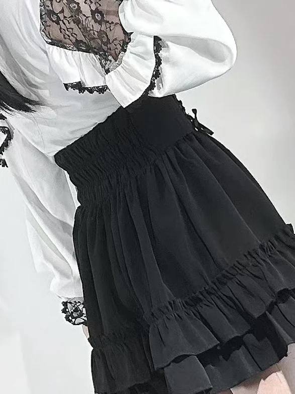 2025 春の新作日本鉱山レーススプライシングかわいい弓長袖シャツハイウエストショートスカート 2 点セット女性のスカートスーツ