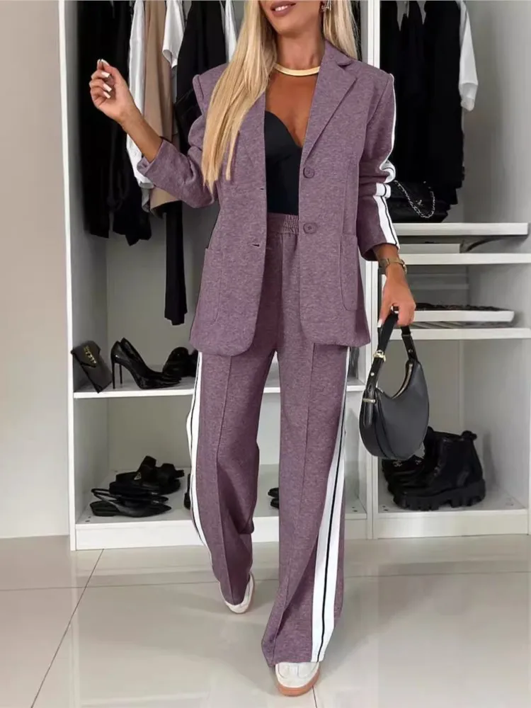 2024 Autumn Winter New Long Sleeves Suit Women\'s Suit Fashion Pimp Stitching Pants Pocket Female Office Blazer 2 Piece Set Lady