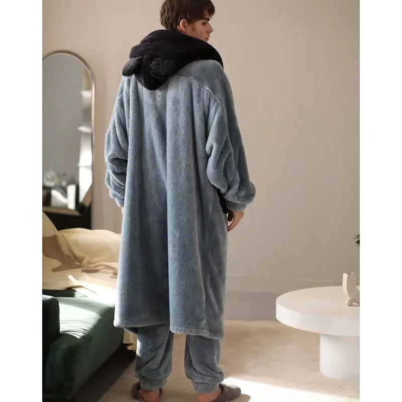 Winter Warm Pajamas Sets For Men Hooded Long Bathrobe Suits Elastic Pants Oversized Sleepwear Male Home Clothes Homewear