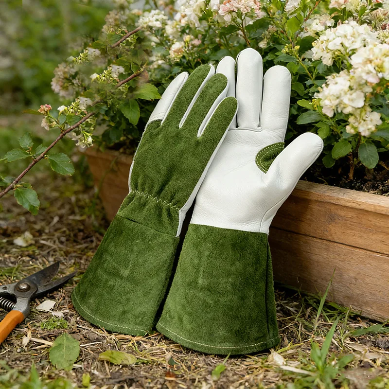 Durable Cowhide Leather Gardening Gloves Thorn Proof Long Sleeve for Rose Pruning Cactus Yard Work Farming Household Work Gloves