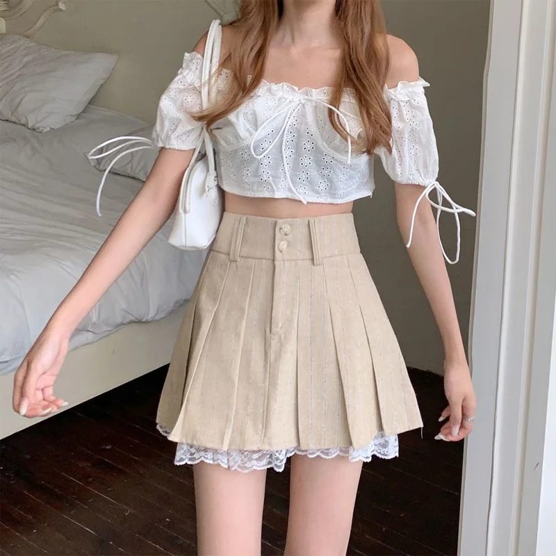 2023 New Summer Fashion Trend High Waist Lace Border Guard Shining Slim Spicy Girl A-line Versatile Women\'s Pleated Skirt