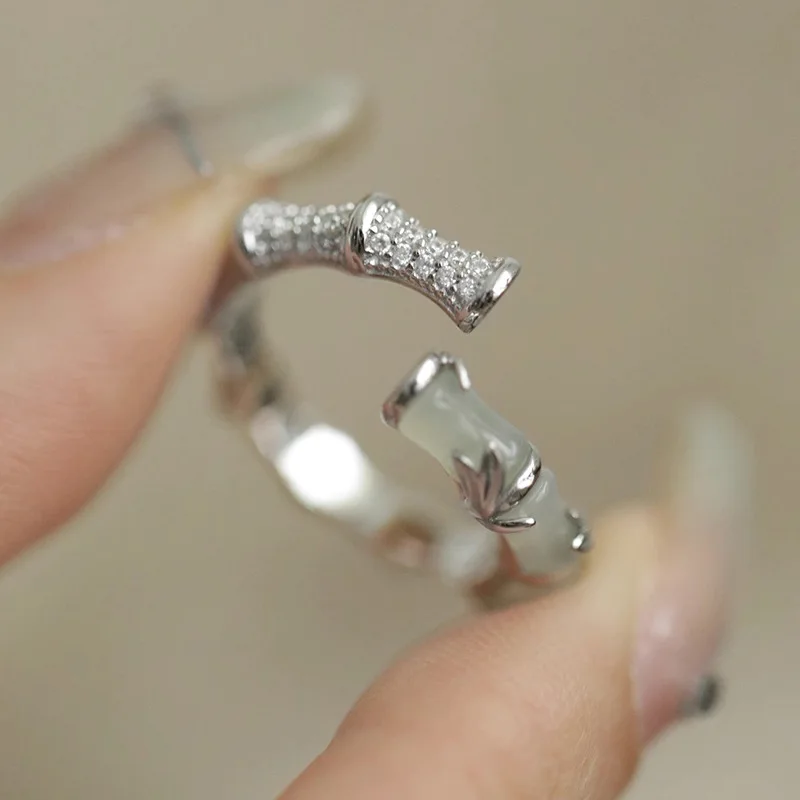 925 Sterling Silve Bamboo Geometry Zircon Ring for Women Girl Gift Hotan Jade Design Jewelry Dropshipping view 2