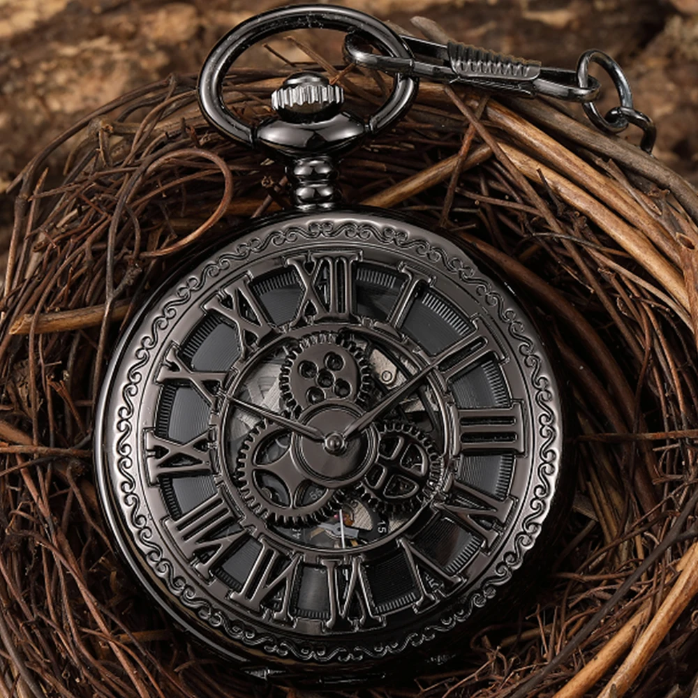 

Unique Hand Wind Pocket Watch Pendant Bronze Black Silver Vintage Costume Mechanical Pocket Watches for Men Vest Necklace Watch