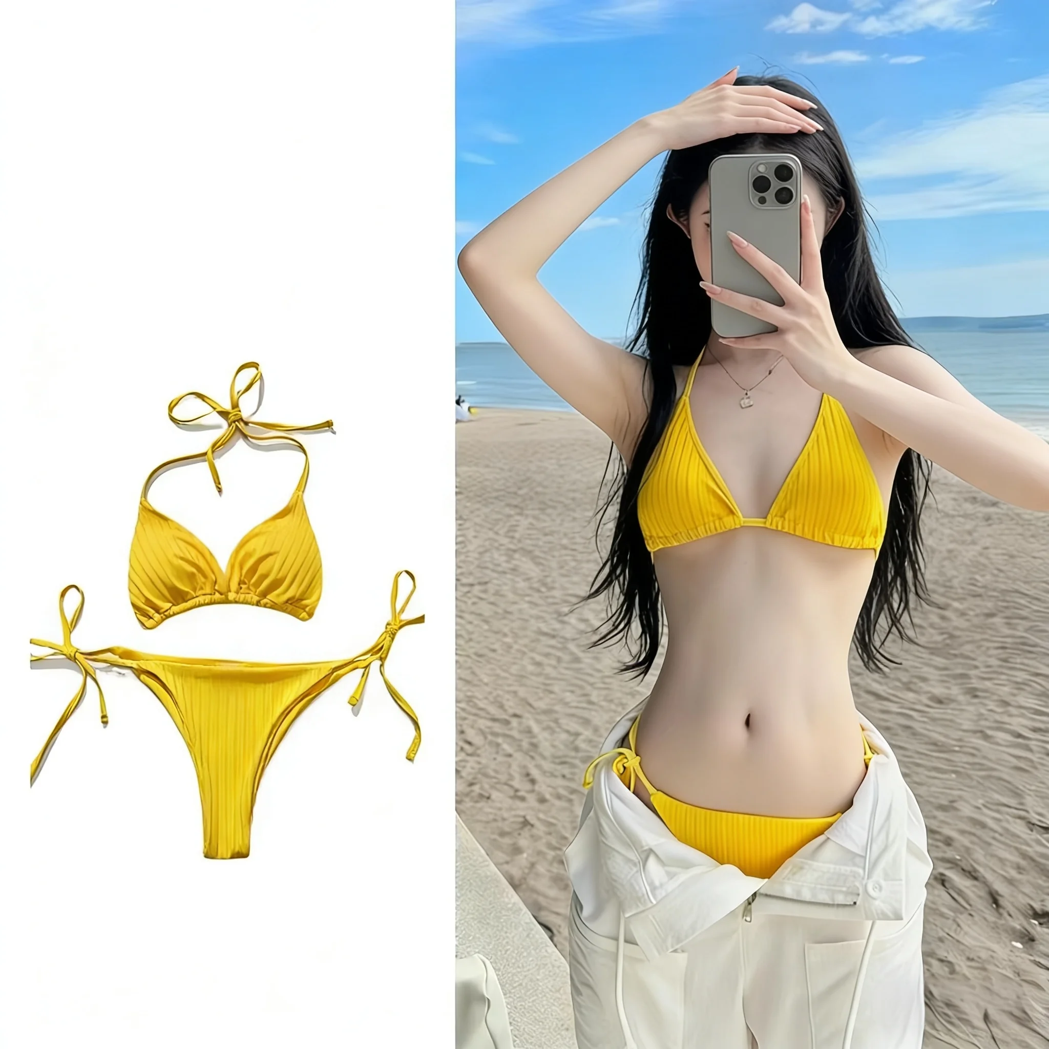 

Sexy White-flattering Yellow Bikini Swimsuit Women's Ne-hanging Design Tummy-flattering Student High-ade Sensation Pure D...