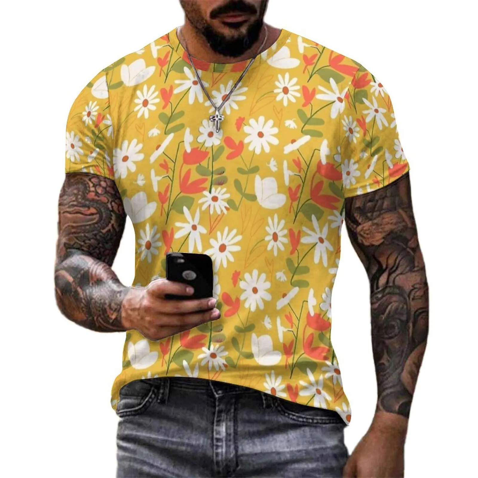 Daisy Wildflower Print T-Shirt  Trending T Shirts Male Y2K Fun Tee Shirt Summer Short Sleeve Graphic Top Tees Plus Size