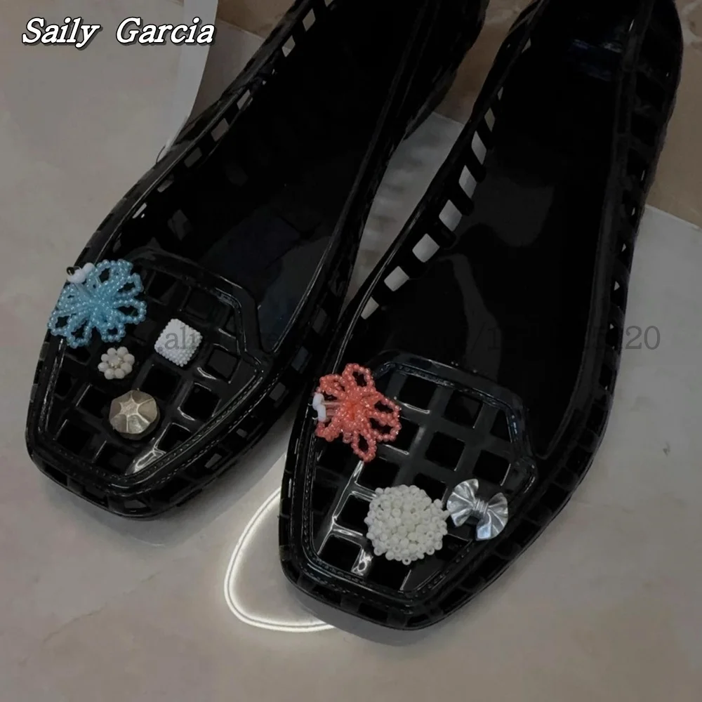 

Pre-Sale Woven Crystal Flower Clear Shallow Loafers 2025 NEW Fashion Beach Casual Shoes Square Toe PVC Water Proof Flats