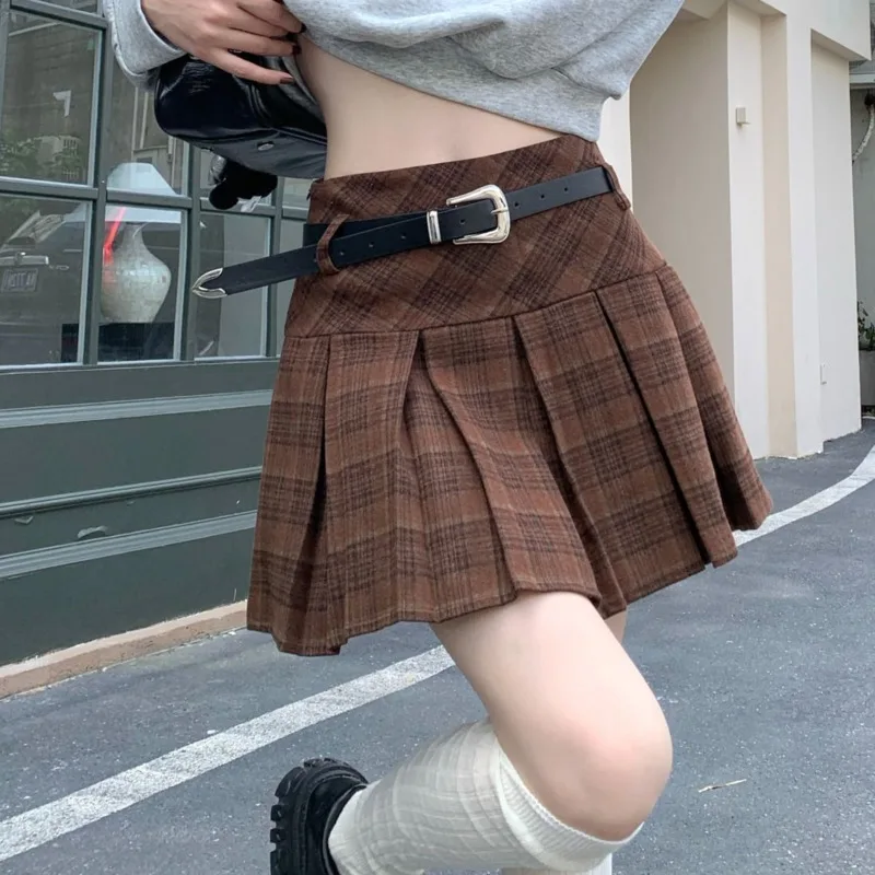 

Vintage Plaid Skirt Women Korean Style Fashion Brown Gray Pleated Skirt High Waist A-line Short Skirts Y2k Woman Clothing Trendy