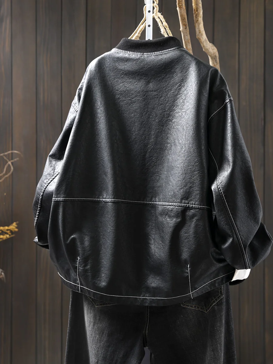 Women's ort PU Leather Jaet Stand Collar Biker Sle Bla And Beige Coat Casual Commute Faion Chinese Production