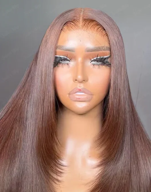 

Шоколадно-коричневый многослойный парик с кружевной основой, прямой парик с кружевной передней частью, предварительно сформированный, 13x4 HD, синтетический парик с кружевной фронтальной частью, высокое качество, для косплея