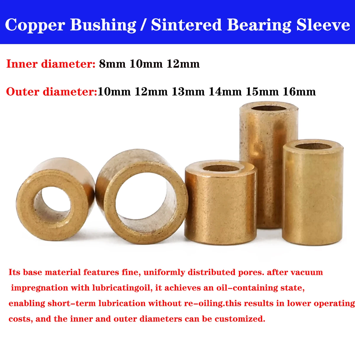 20pcs Sintered Bronze Bushing 8mm‑12mm ID Self‑Lubricating Copper Bearing Sleeve for Motor Fan Appliance Parts