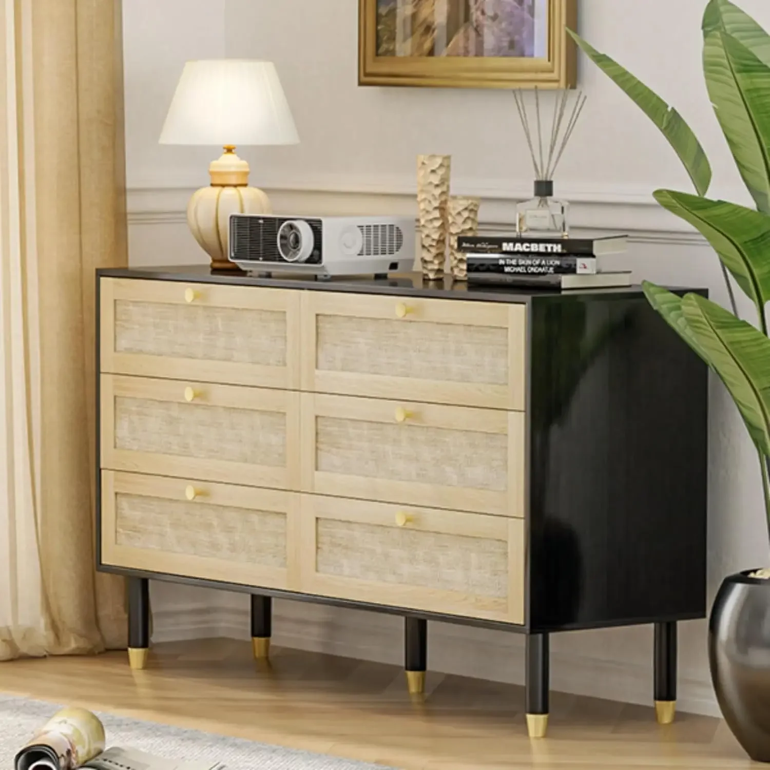 Rattan Dresser, Drawer Dresser, Boho Dressers & Chests of Drawers, Wood Dresser TV Stand for Bedroom, Living Room