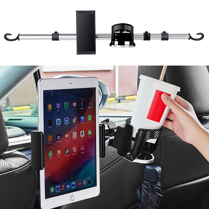 Universal 3-in-1 Car Back Seat Cup Holder Hook 56-81cm 360 degree rotatable Car Phone Holder Bracket for iPad Tablet Computer