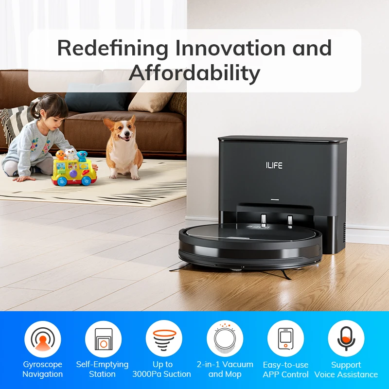 ILIFE V9/V9Pro Robot Vacuum, Self-Emptying, 3000Pa Strong Suction, Gyro Navigation, Schedule, App/Alexa Control, for Pet Hair