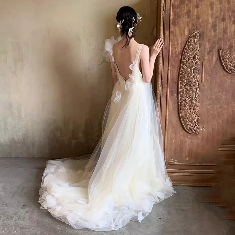 Bohemian Sheer Tulle Wedding Dress with Floral Accents Vintage Asymmetric Neckline Bridal Dress Train Beach Weddings