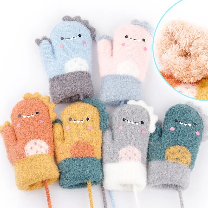 

Winter Baby Gloves Cute Cartoon Dinosaur Knitted Full Finger Gloves Warm Plush Girls Boys Kids Mittens Baby Accessories