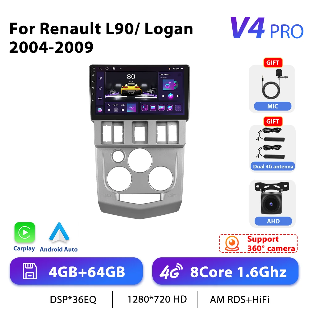 Podofo 4G CarPlay Android Radio Voor Renault L90 Logan 2004-2009 Auto Intelligent Systeem 2din GPS Stereo WiFi Multimedia Speler