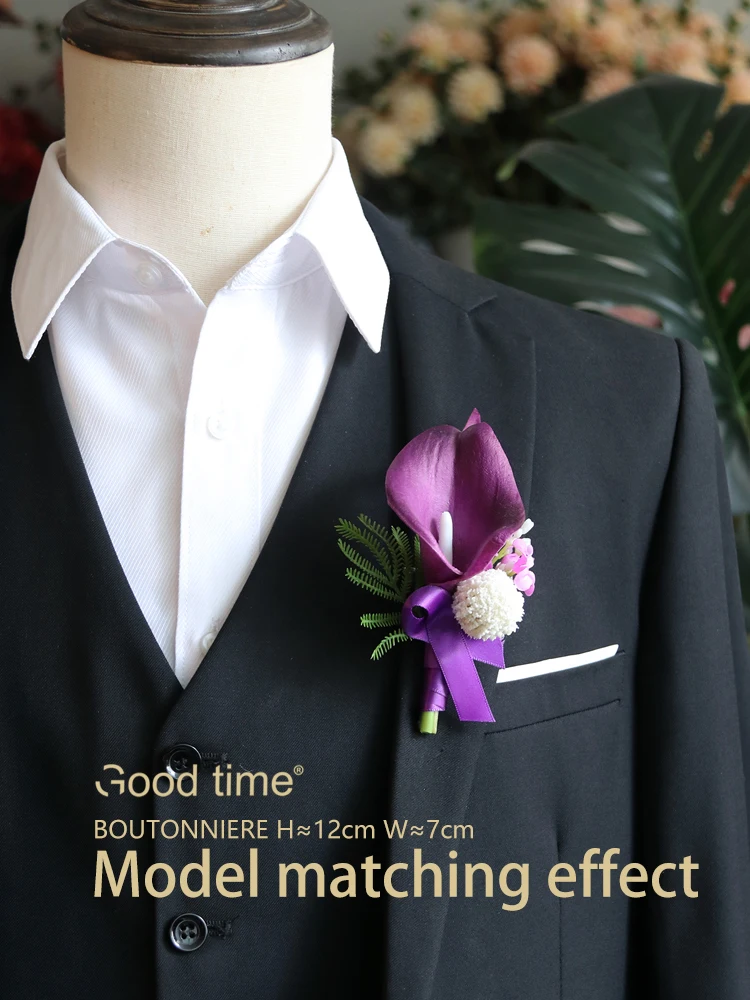 GT Wedding Boutonniere Wrist Corsage Bracelet Bridesmaid Men Corsage Purple Silk Roses Butterfly Orchid Marriage Prom Wedding