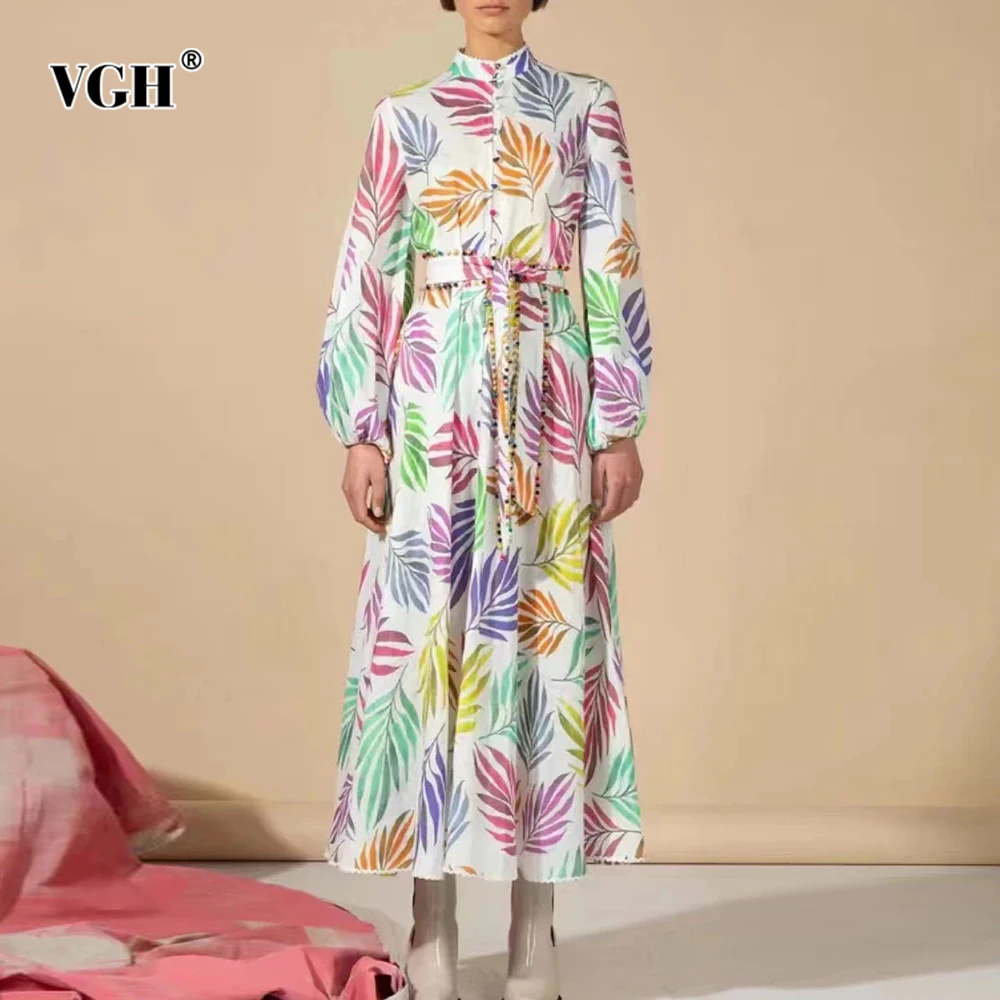 

VGH Hit Color Print Elegant Slimming Dress For Women Stand Collar Lantern Sleeve Spliced Lace Up Long Dresses Female Fashion New