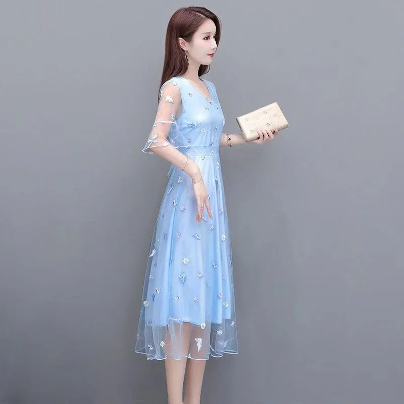 2025 신상 봄 여름 여성 중국풍 미니 원피스 패션 플로럴 메쉬 자수 슬리밍 스커트 여름 스윗 리틀 스커트