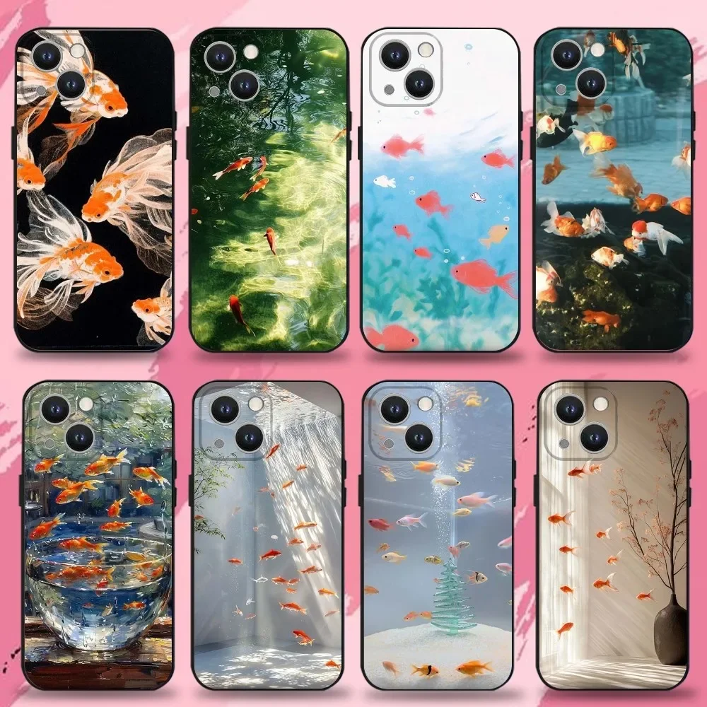 

Funny Animal Goldfish Water Phone Case For iPhone 16,15,14,13,12,11 Plus,Pro Max,XS,X,XR,SE,Mini,8,7,Soft Silicone Black Cover