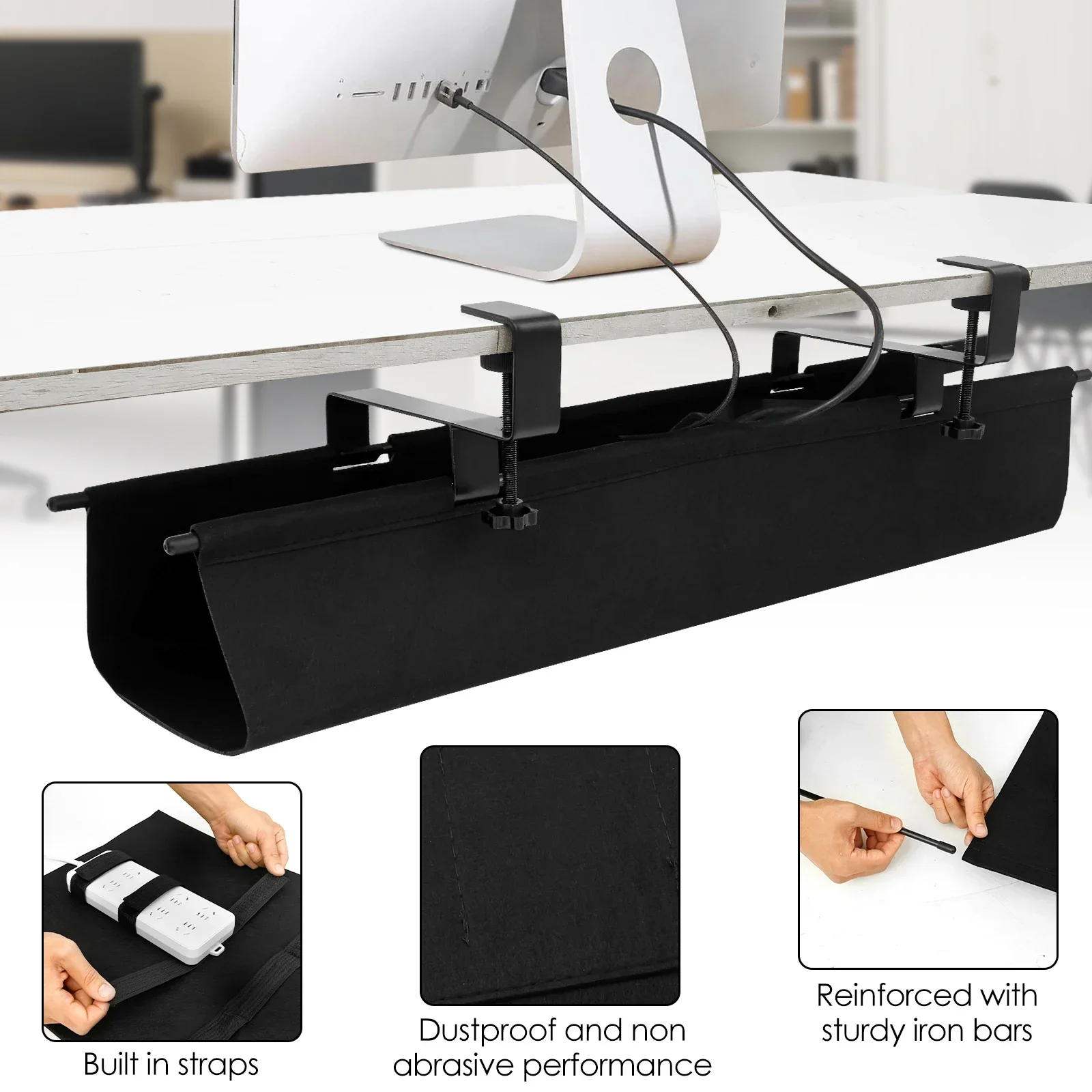 Under Desk Cable Management Tray No Drill Under Desk Cable Organizer with 2 Hook Woven Fabric Storage Rack for Home Office Study