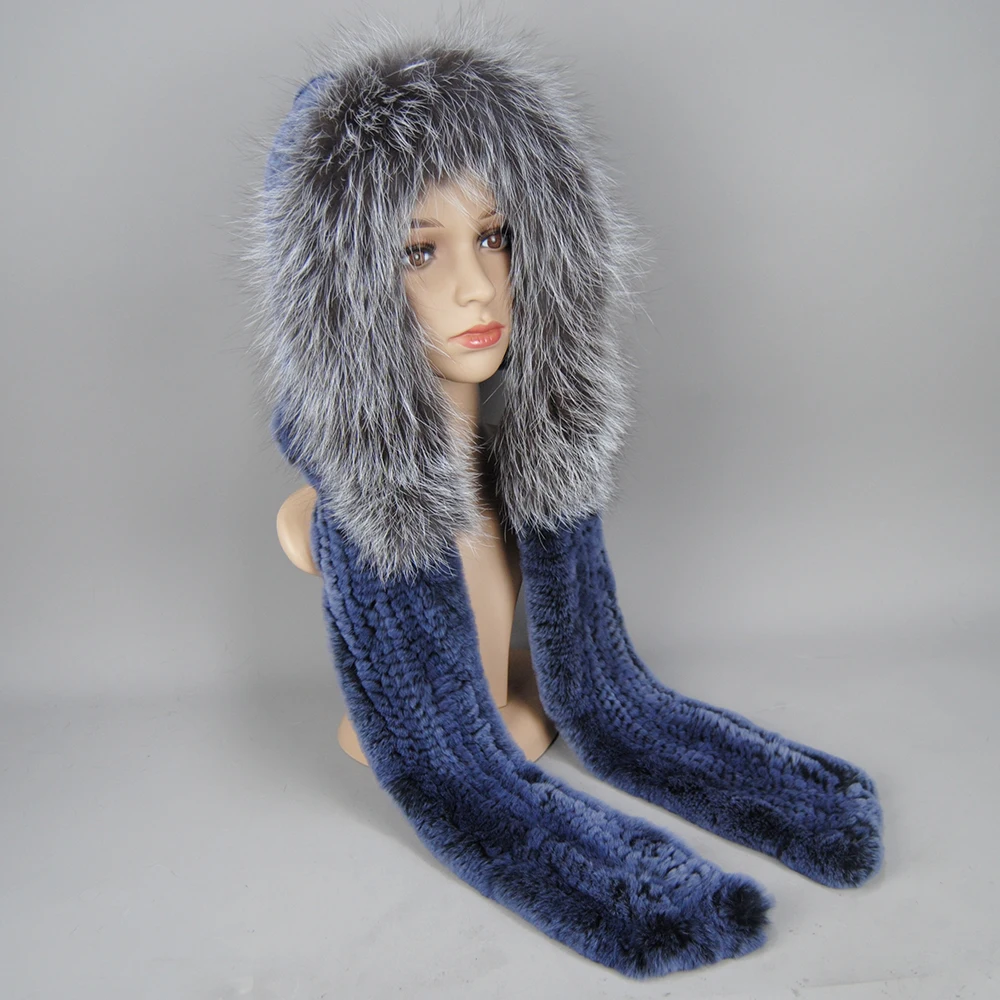 Women Knitted Real Rex Rabbit Fur Hat Hooded Scarf Winter Hats for Woman Fall Cap Warm Natural Fur Hat with Neck Scarves Bonnets