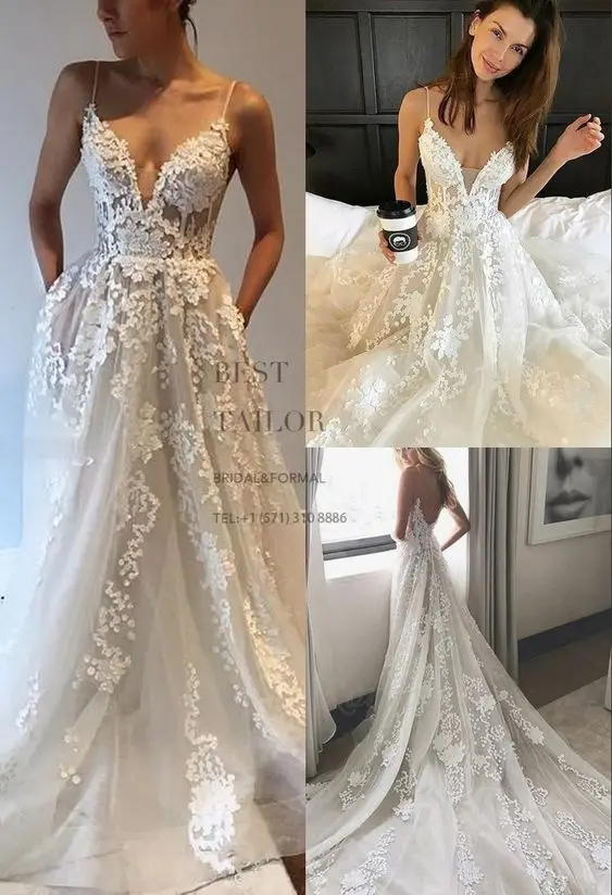 Elegant Floral Lace Embroidered V-Neck Wedding Gown with Spaghetti Straps and Extended Tulle Train for Timeless Bridal Elegance