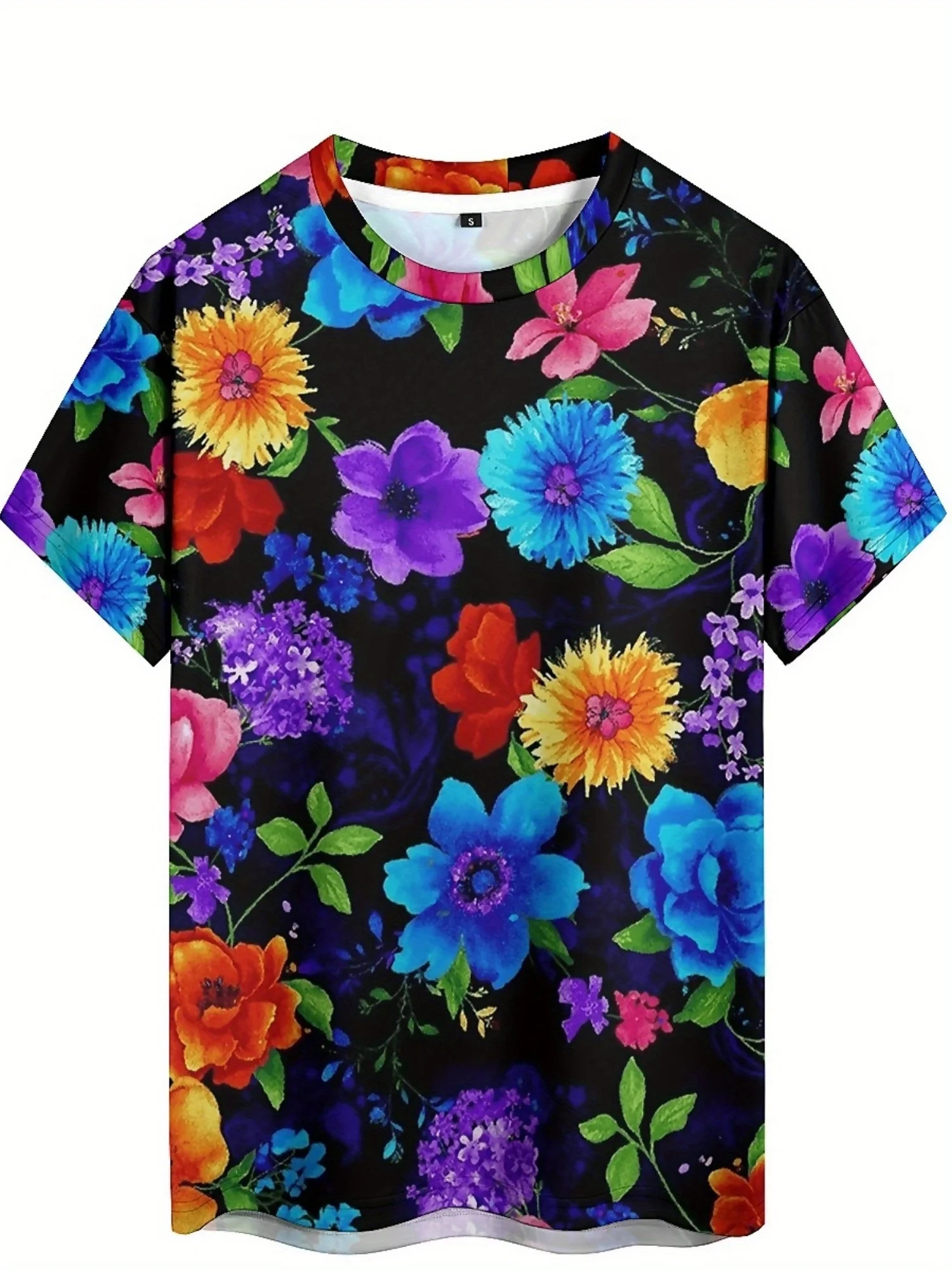 تي شيرت رجالي بأكمام قصيرة مطبوع عليه زهور نابضة بالحياة، نسيج بوليستر ناعم وقابل للتمدد للارتداء الكاجوال والعطلات والرياضة