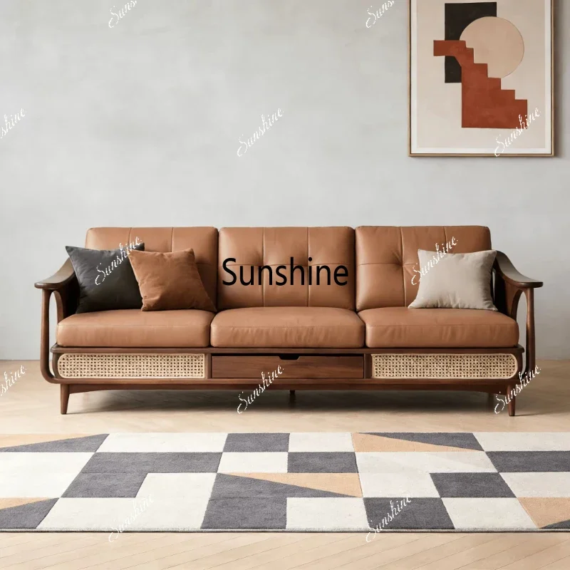 

New Chinese solid wood sofa is simple, rattan storage, living room, straight row furnitureY