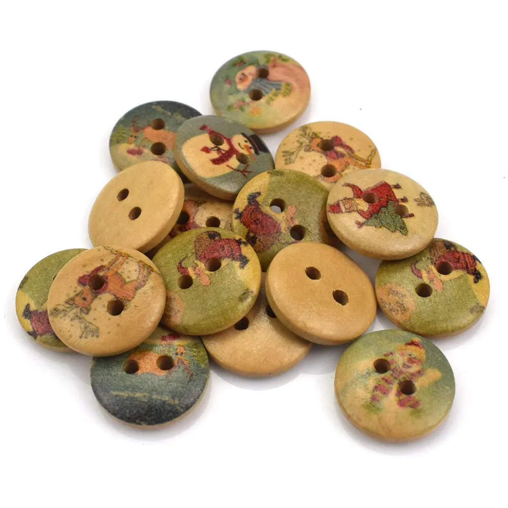 Round Christmas Theme Wooden Buttons, Sewing, Scrapbooking, Clothing Accessories, Crafts Decor, 15mm, 50Pcs