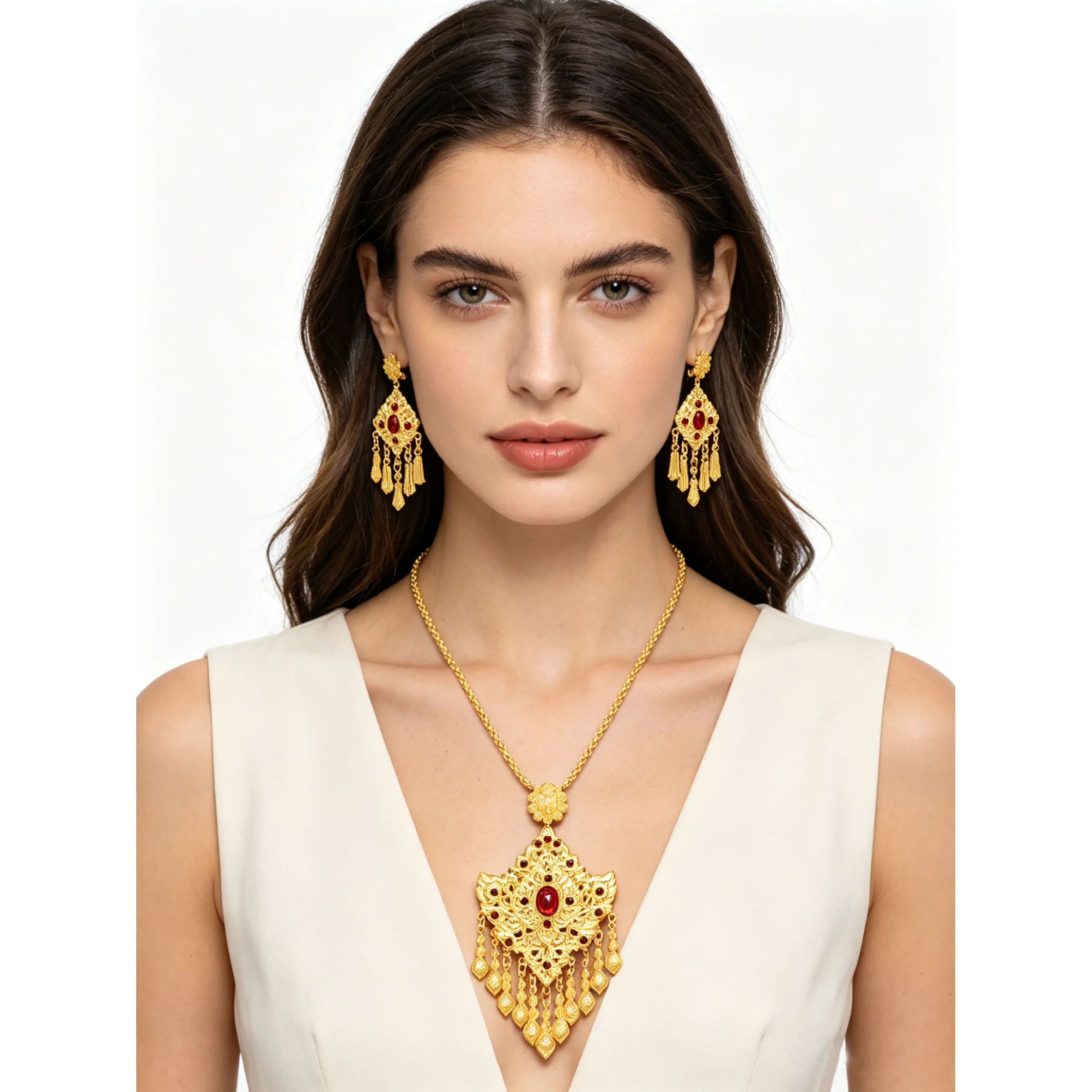 Ethnic Micro Inlaid Vintage Thai Red Acrylic Gemstone Gold Plated Tassel Earrings Necklace Jewelry Set Palace Style