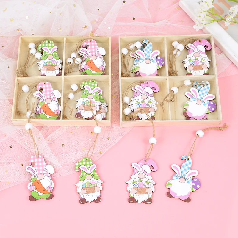 12pcs/Box Easter Bunny Faceless Gnome Doll Wooden Pendants Car Hanging Ornaments 2024 Easter Decorations for Home Kids Gifts